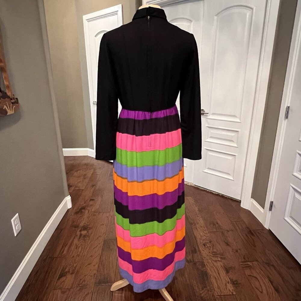 VTG Park East By Swirl Womens Size 14 Maxi Dress Black Top Rainbow Stripe Skirt - Picture 5 of 13